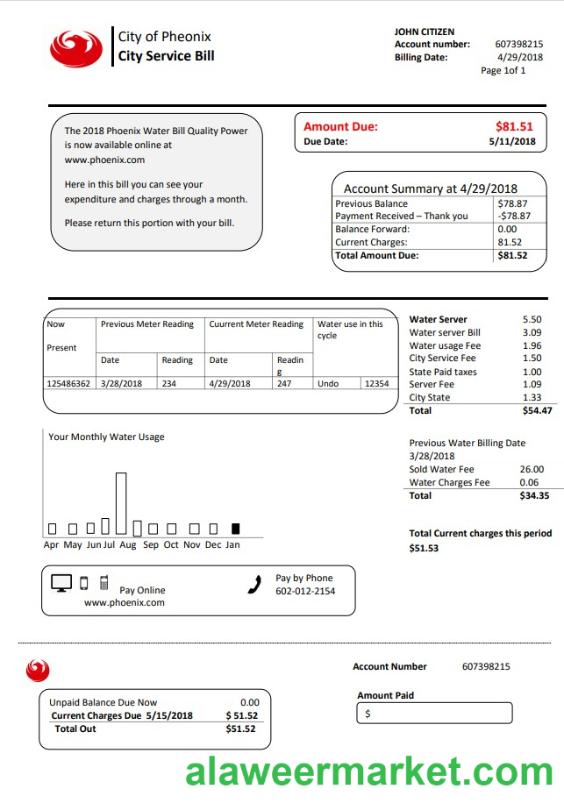 USA Arizona City of Phoenix utility bill template in Word and PDF format